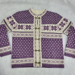 Susan Bristol Nordic Fair Isle Purple Wool Cardigan Sweater White Crew Neck S